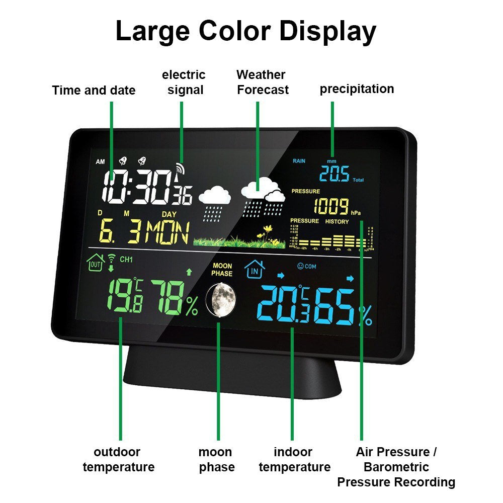 Smart Weather Station with Color Screen: Temp, Humidity, Rainfall, Barometric Pressure, Moon Phase, Forecast & Alarm