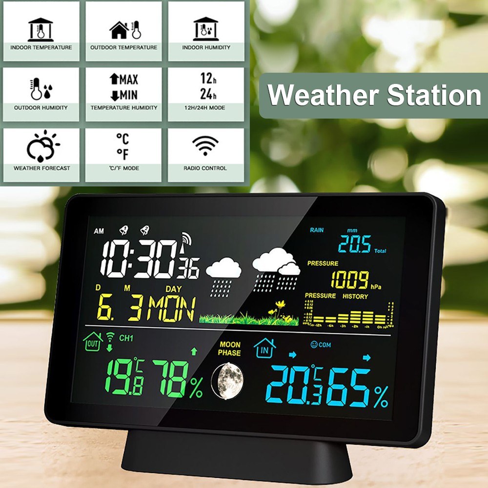 Smart Weather Station with Color Screen: Temp, Humidity, Rainfall, Barometric Pressure, Moon Phase, Forecast & Alarm