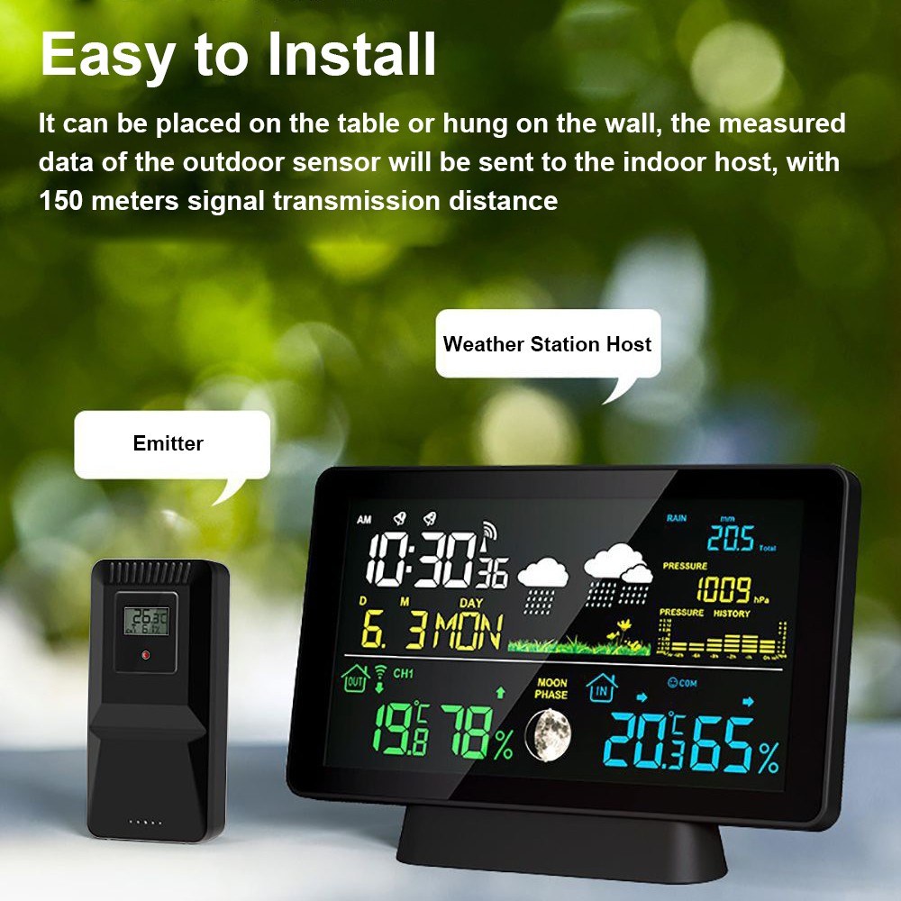 Smart Weather Station with Color Screen: Temp, Humidity, Rainfall, Barometric Pressure, Moon Phase, Forecast & Alarm