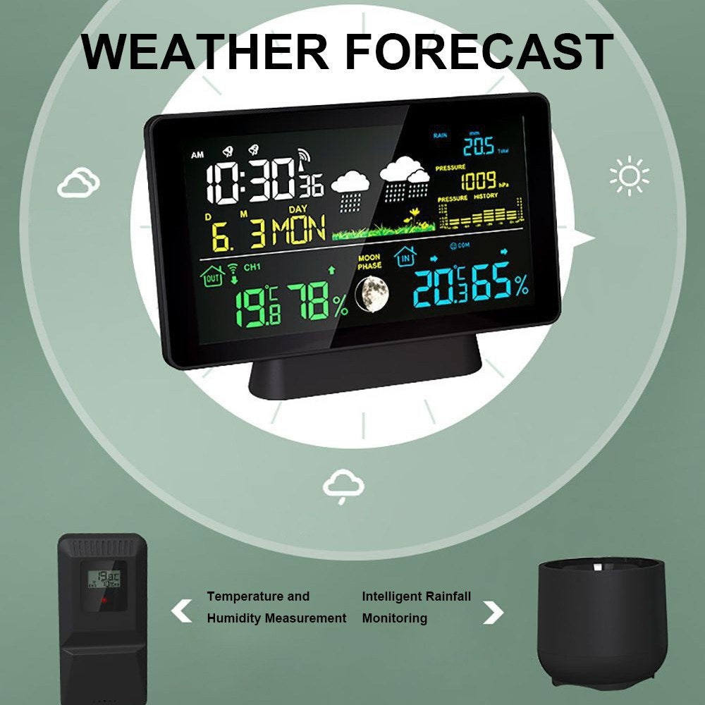 Smart Weather Station with Color Screen: Temp, Humidity, Rainfall, Barometric Pressure, Moon Phase, Forecast & Alarm