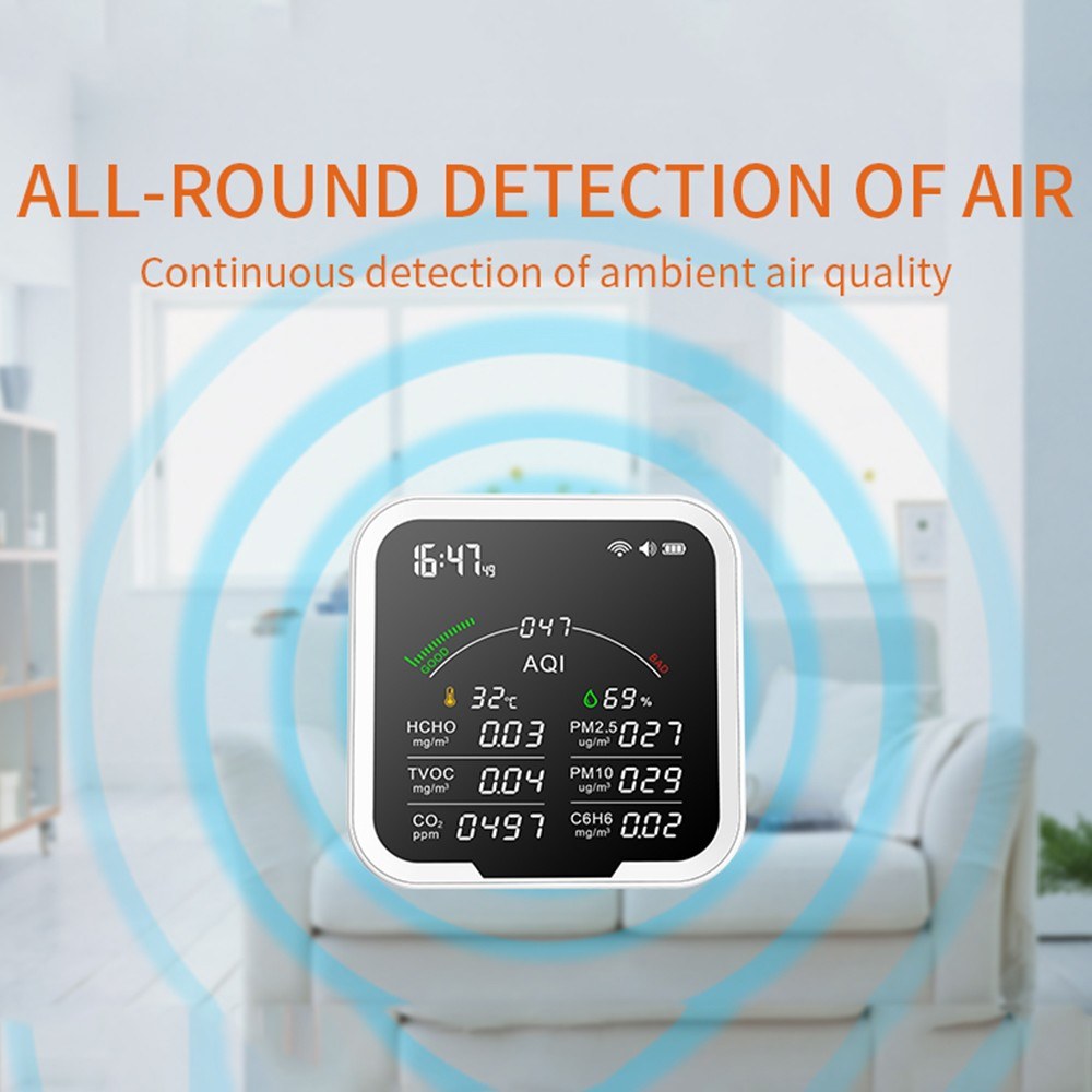 Portable Air Quality Meter with 4.8-Inch Large Screen: CO2, HCHO, TVOC, PM2.5/PM10, AQI, C6H6, Temperature & Humidity Tester
