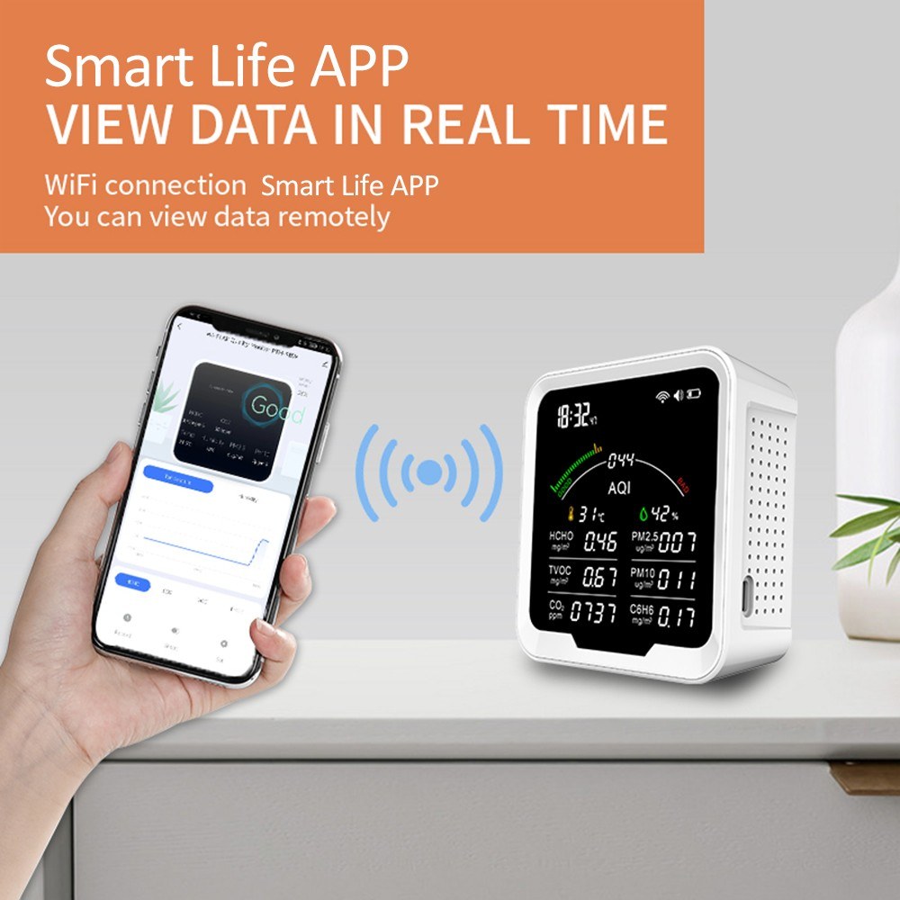 Portable Air Quality Meter with 4.8-Inch Large Screen: CO2, HCHO, TVOC, PM2.5/PM10, AQI, C6H6, Temperature & Humidity Tester