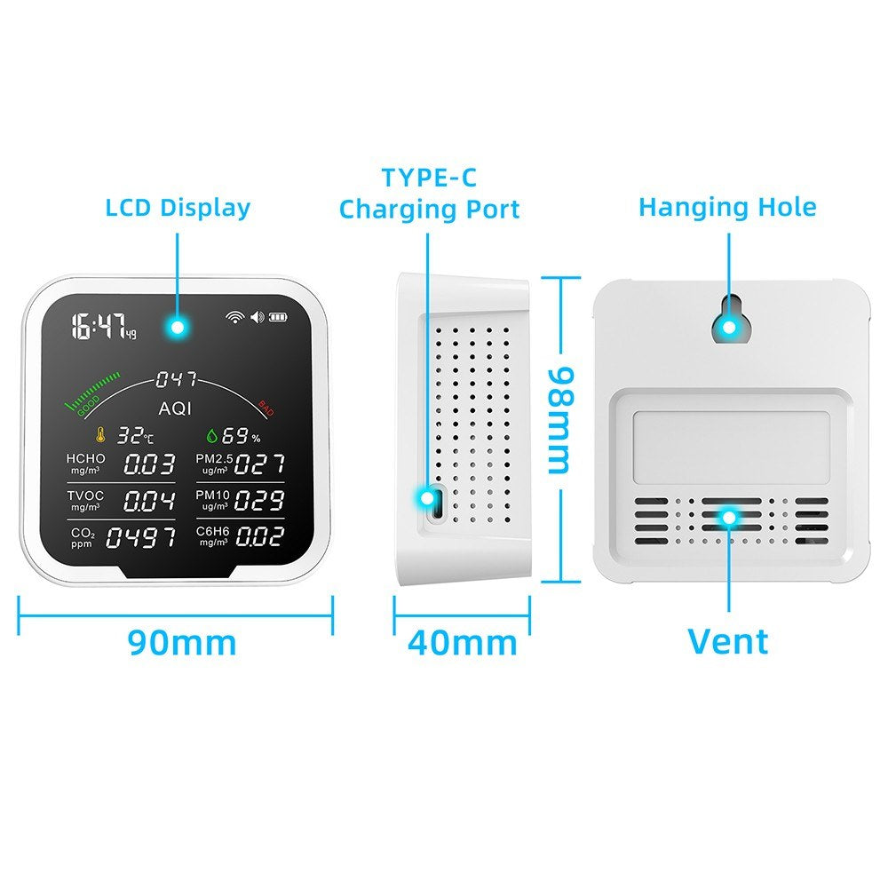 Portable Air Quality Meter with 4.8-Inch Large Screen: CO2, HCHO, TVOC, PM2.5/PM10, AQI, C6H6, Temperature & Humidity Tester