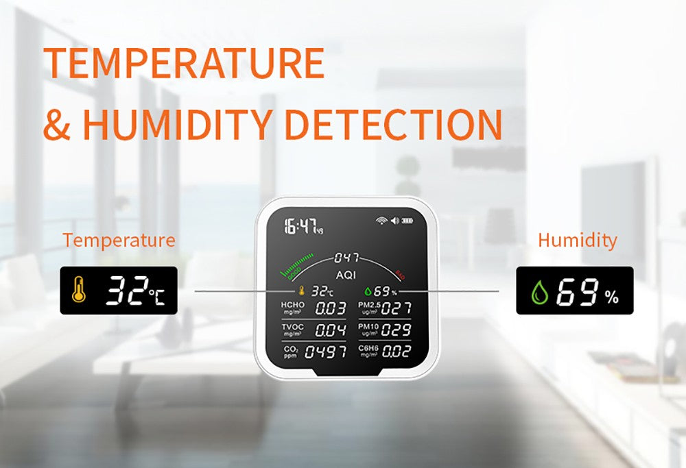 Portable Air Quality Meter with 4.8-Inch Large Screen: CO2, HCHO, TVOC, PM2.5/PM10, AQI, C6H6, Temperature & Humidity Tester