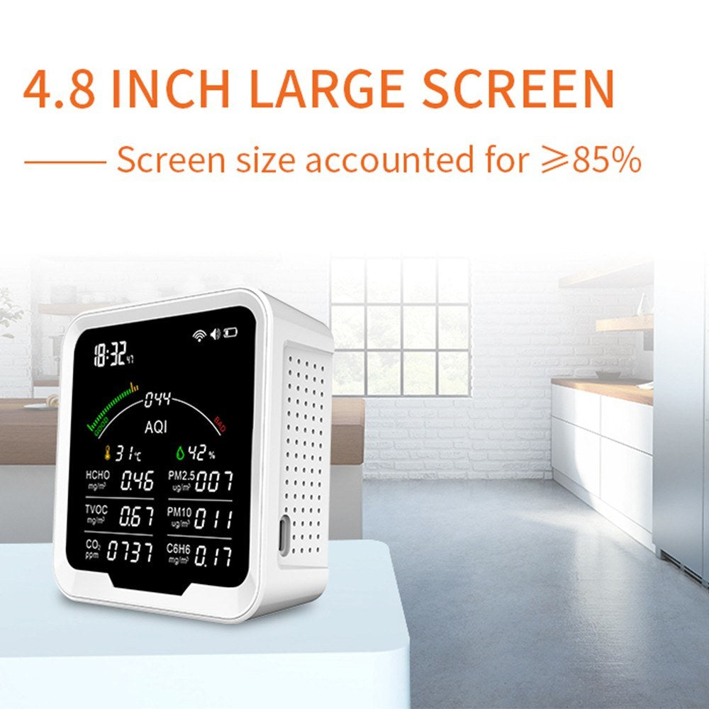 Portable Air Quality Meter with 4.8-Inch Large Screen: CO2, HCHO, TVOC, PM2.5/PM10, AQI, C6H6, Temperature & Humidity Tester