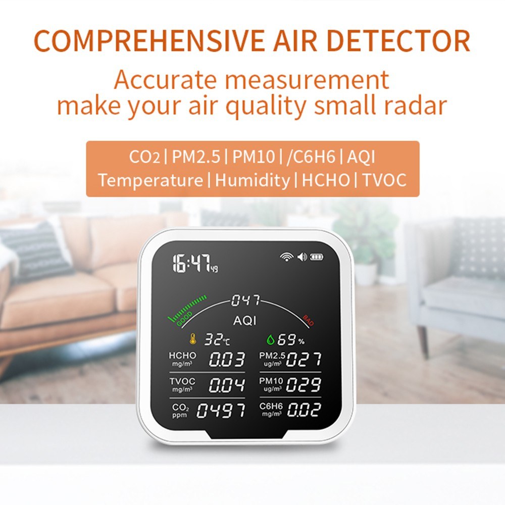 Portable Air Quality Meter with 4.8-Inch Large Screen: CO2, HCHO, TVOC, PM2.5/PM10, AQI, C6H6, Temperature & Humidity Tester