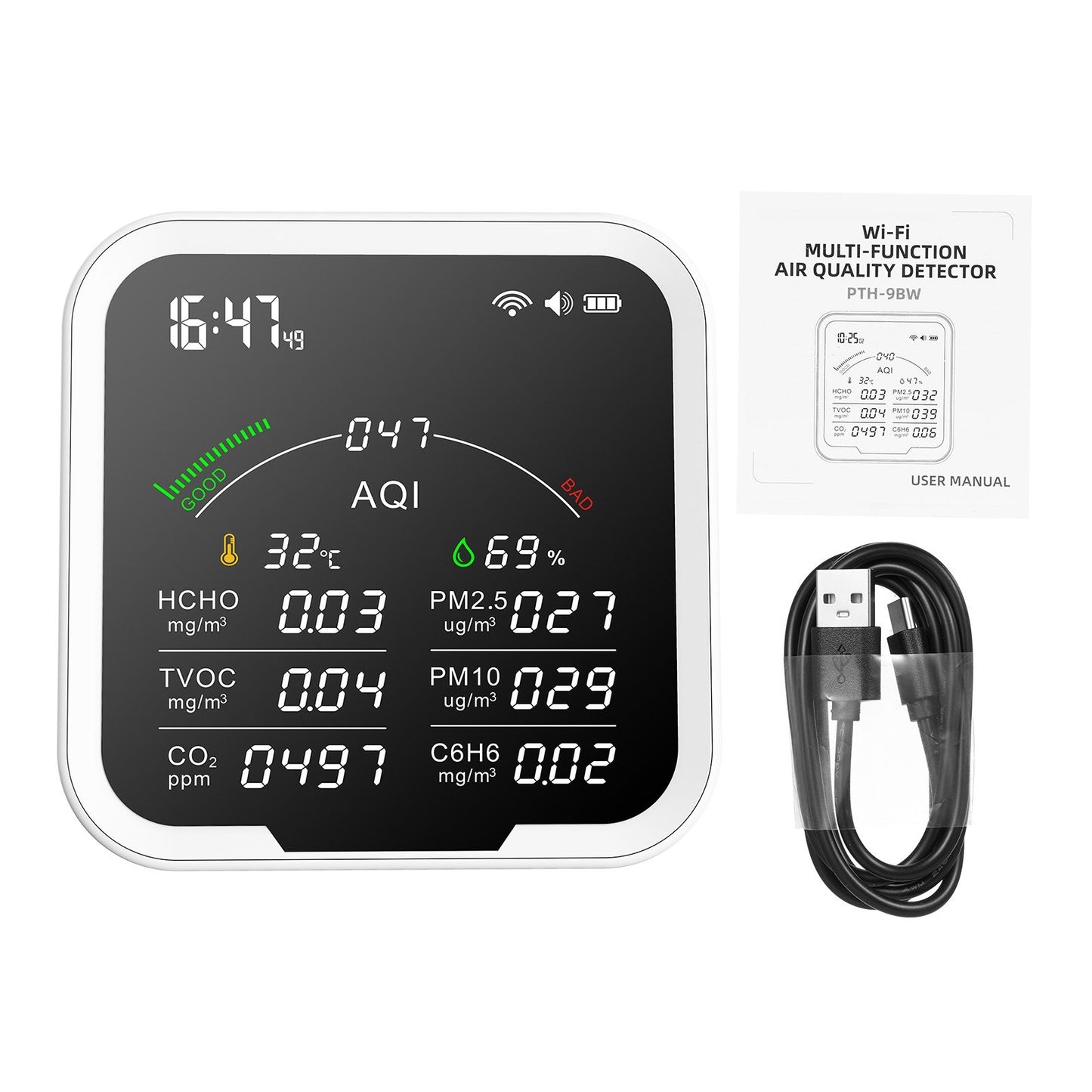 Portable Air Quality Meter with 4.8-Inch Large Screen: CO2, HCHO, TVOC, PM2.5/PM10, AQI, C6H6, Temperature & Humidity Tester