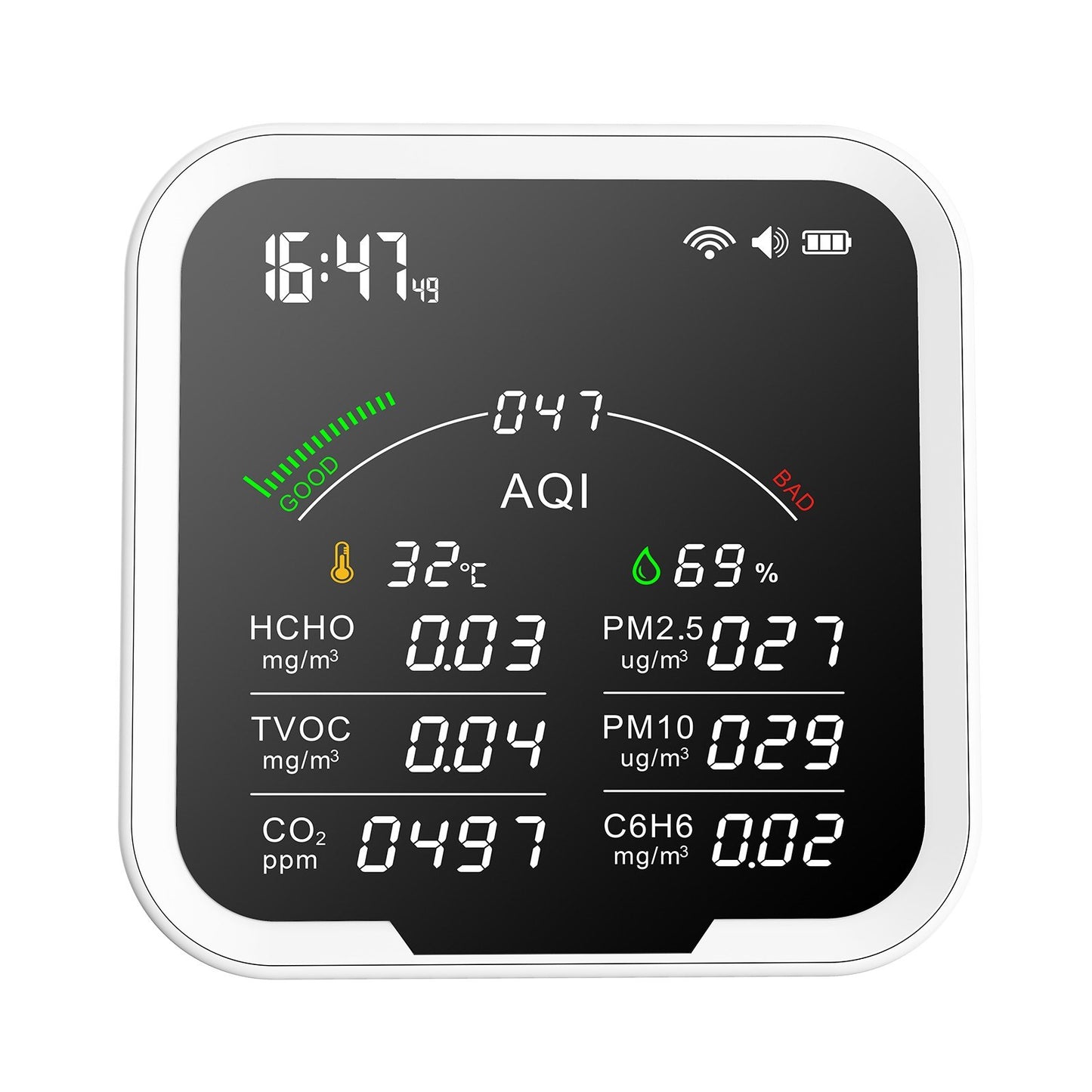 Portable Air Quality Meter with 4.8-Inch Large Screen: CO2, HCHO, TVOC, PM2.5/PM10, AQI, C6H6, Temperature & Humidity Tester
