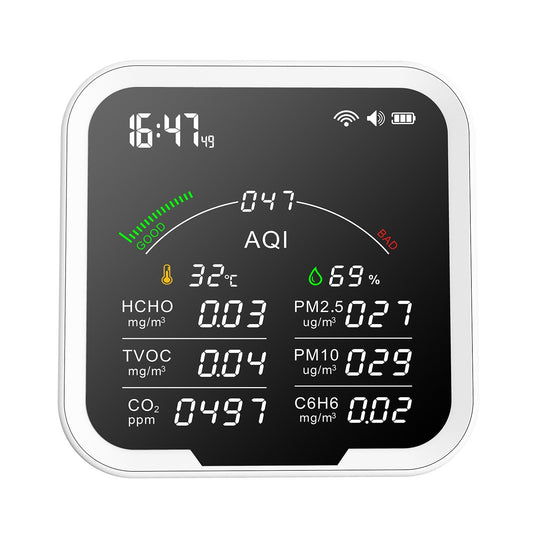 Portable Air Quality Meter with 4.8-Inch Large Screen: CO2, HCHO, TVOC, PM2.5/PM10, AQI, C6H6, Temperature & Humidity Tester