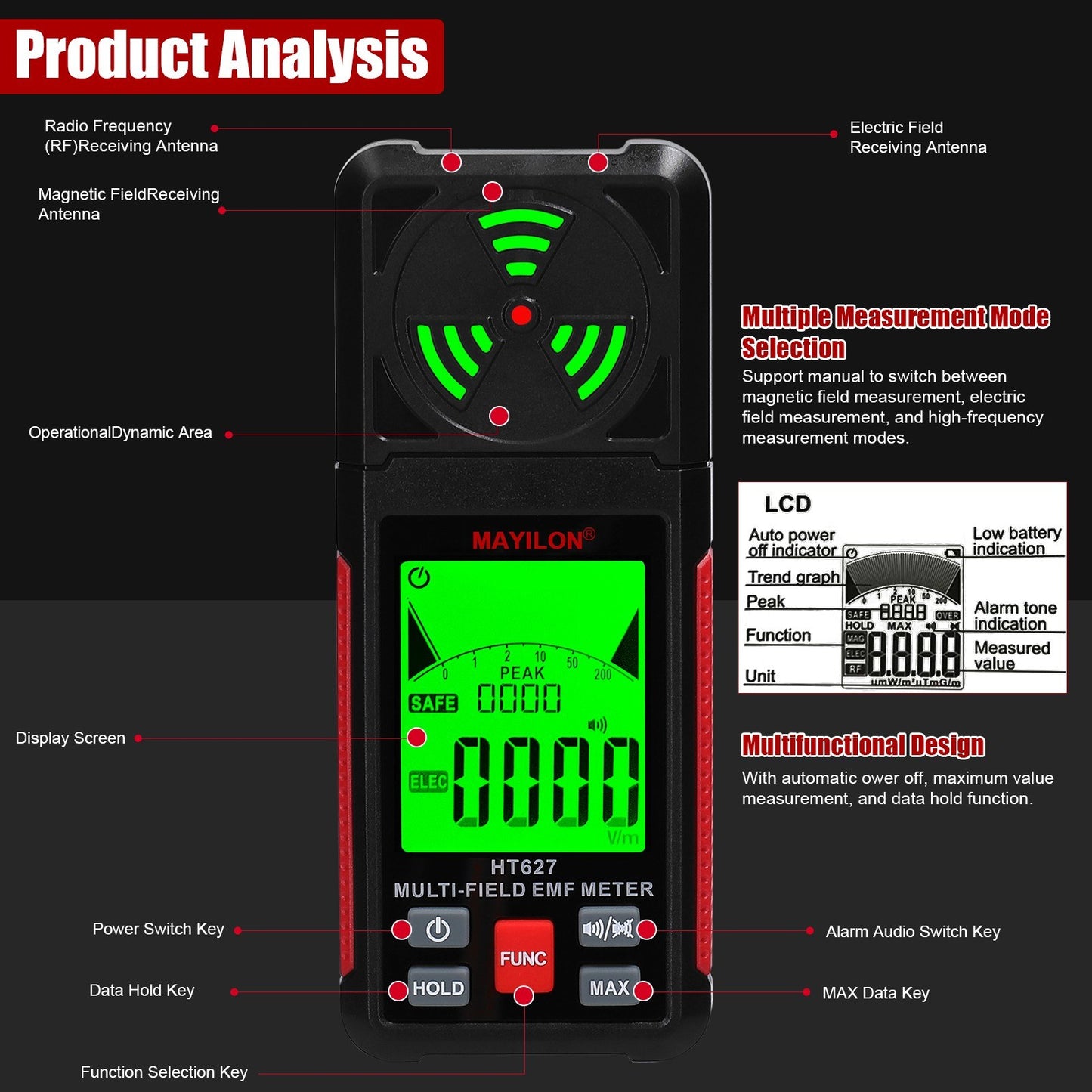 Portable EMF Meter - Digital Electromagnetic Radiation & Electric Field Detector for Home, Lab, Hospital
