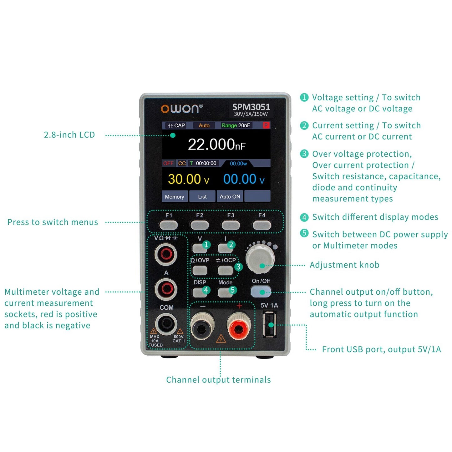 OWON SPM3103 300W Programmable Lab DC Power Supply (0-30V, 0-10A) with Multimeter, 2.8 LCD, Output Control, Single Channel