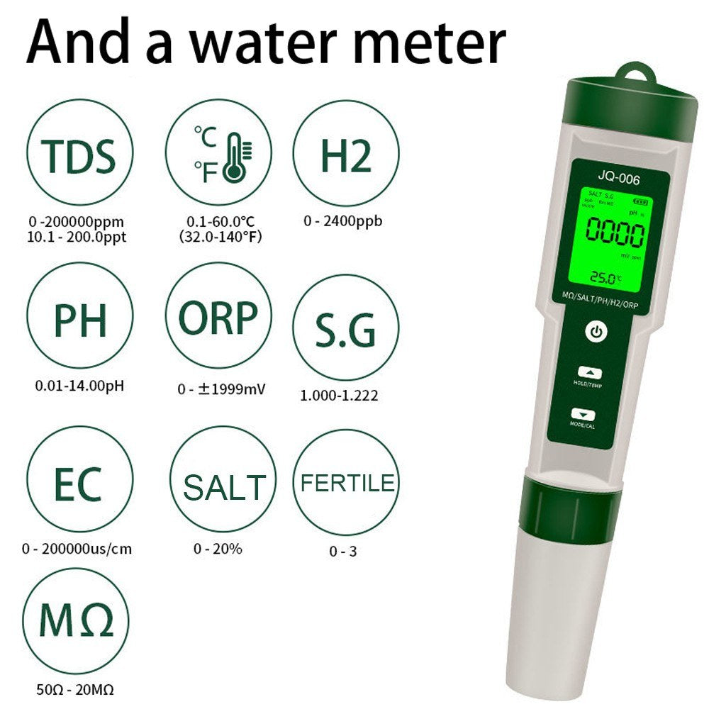 10-in-1 Multifunctional Digital Water Quality Tester - Portable High Accuracy PH/TDS/EC/Salinity/ORP/H2/S.G/Temperature/Nutrient Concentration/Resistance Pen with Backlight