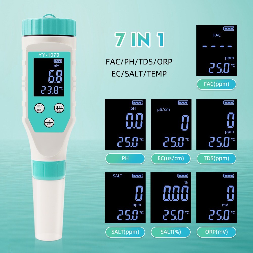 7-in-1 Water Quality Tester: Chlorine, pH, TDS, Salt, ORP, FAC, EC, Temperature for Drinking Water, Aquarium, Pool