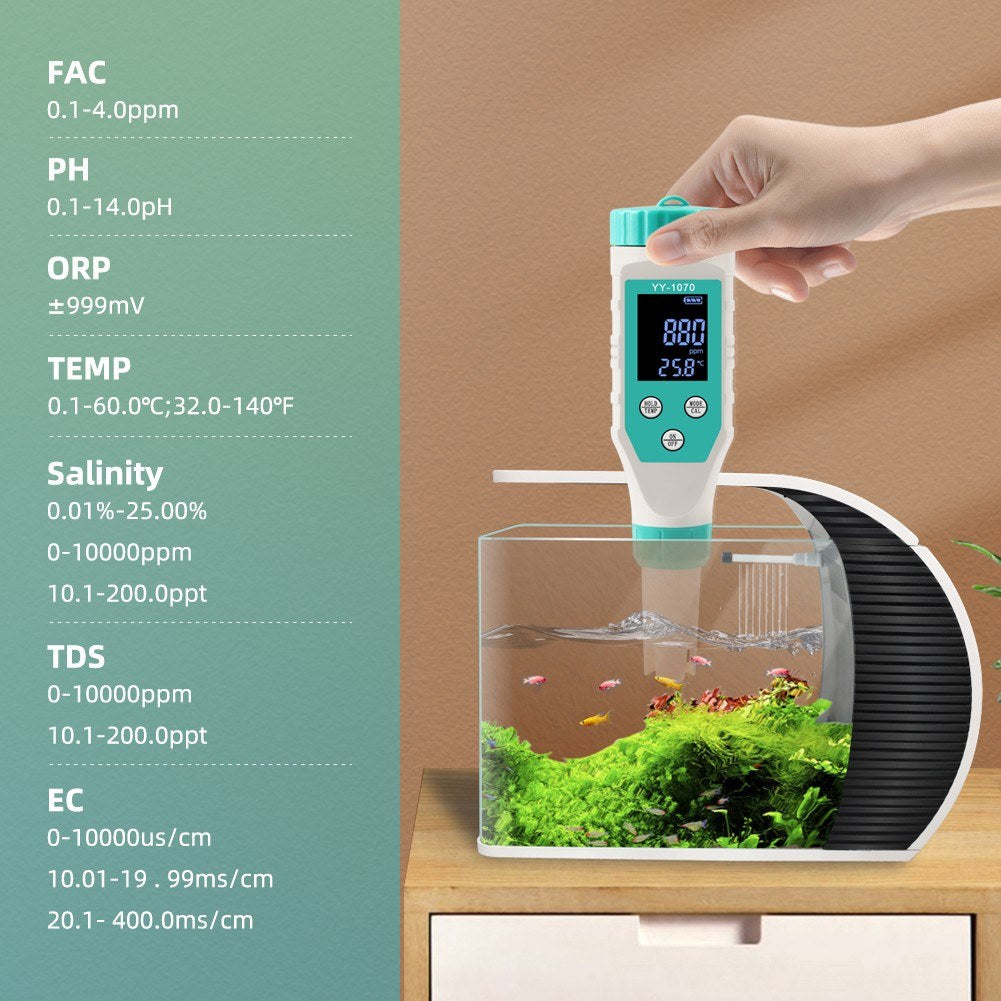 7-in-1 Water Quality Tester: Chlorine, pH, TDS, Salt, ORP, FAC, EC, Temperature for Drinking Water, Aquarium, Pool
