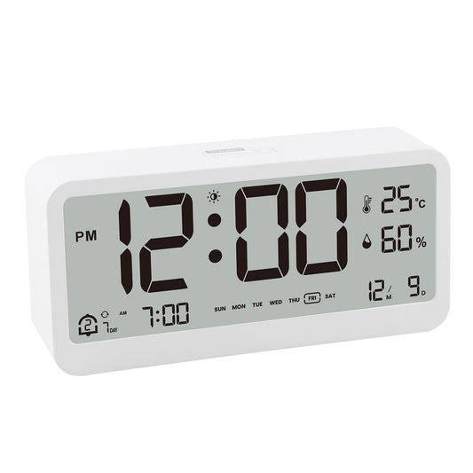 8001-EN LED Digital Alarm Clock: Multifunctional, Adjustable Brightness, Temp & Humidity Display, Dual Alarms, Date & Time Display, Snooze, Auto-Dimming, Night Light Mode