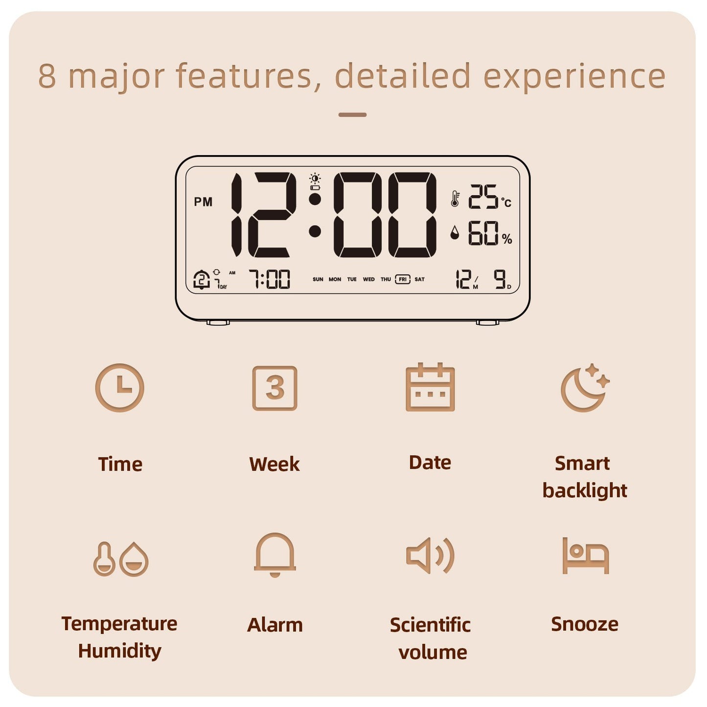 8001-EN LED Digital Alarm Clock: Multifunctional, Adjustable Brightness, Temp & Humidity Display, Dual Alarms, Date & Time Display, Snooze, Auto-Dimming, Night Light Mode