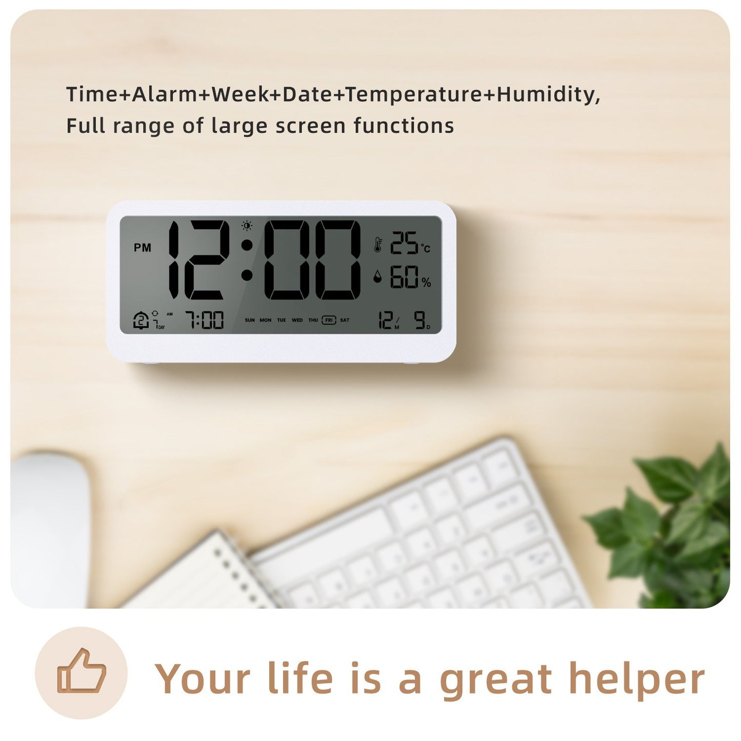 8001-EN LED Digital Alarm Clock: Multifunctional, Adjustable Brightness, Temp & Humidity Display, Dual Alarms, Date & Time Display, Snooze, Auto-Dimming, Night Light Mode