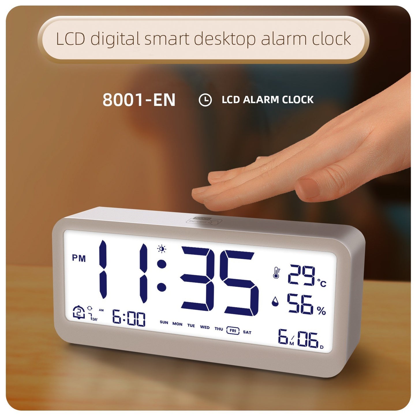 8001-EN LED Digital Alarm Clock: Multifunctional, Adjustable Brightness, Temp & Humidity Display, Dual Alarms, Date & Time Display, Snooze, Auto-Dimming, Night Light Mode