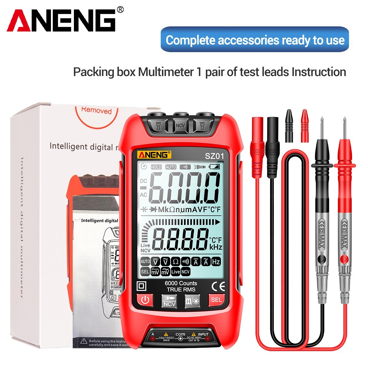 Smart Digital Multimeter 6000 Counts Auto Range True RMS NCV Universal Meter with Backlight Flashlight for AC/DC Voltage, Current & Resistance Measurement - ANENG SZ01