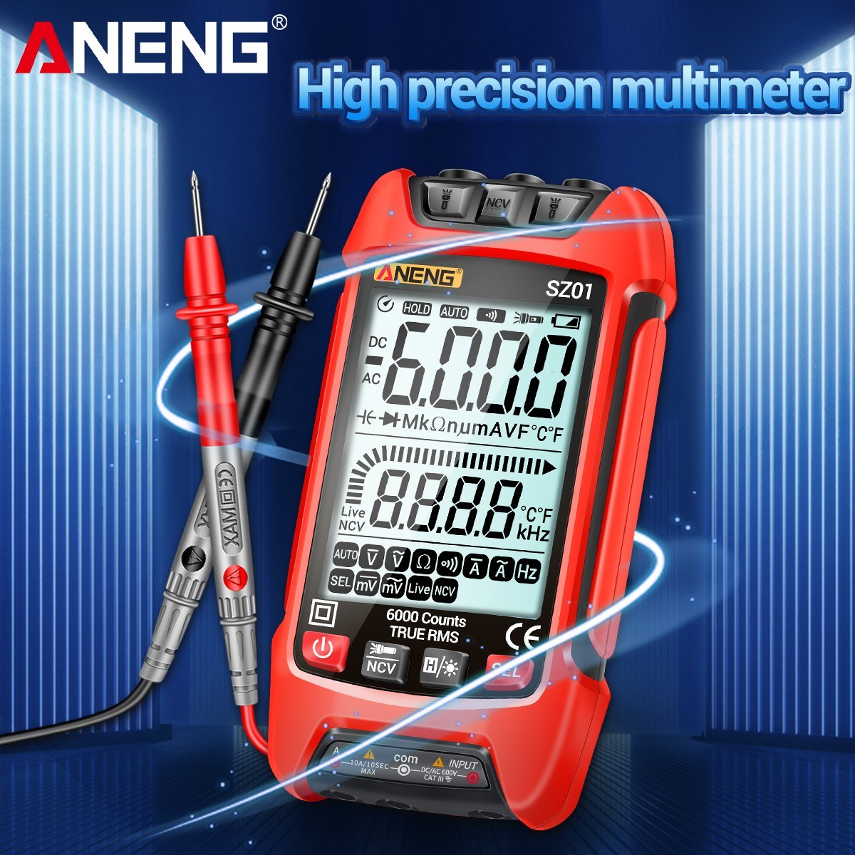 Smart Digital Multimeter 6000 Counts Auto Range True RMS NCV Universal Meter with Backlight Flashlight for AC/DC Voltage, Current & Resistance Measurement - ANENG SZ01