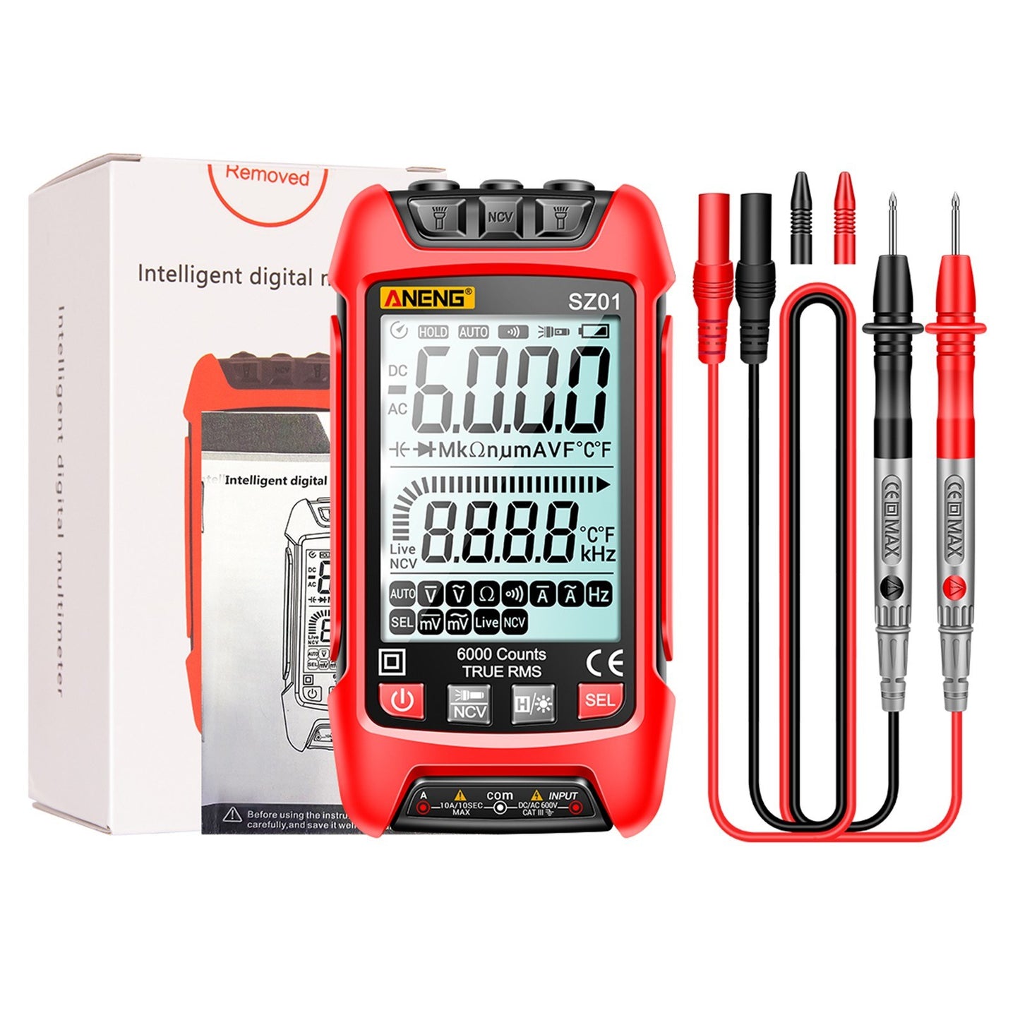 Smart Digital Multimeter 6000 Counts Auto Range True RMS NCV Universal Meter with Backlight Flashlight for AC/DC Voltage, Current & Resistance Measurement - ANENG SZ01