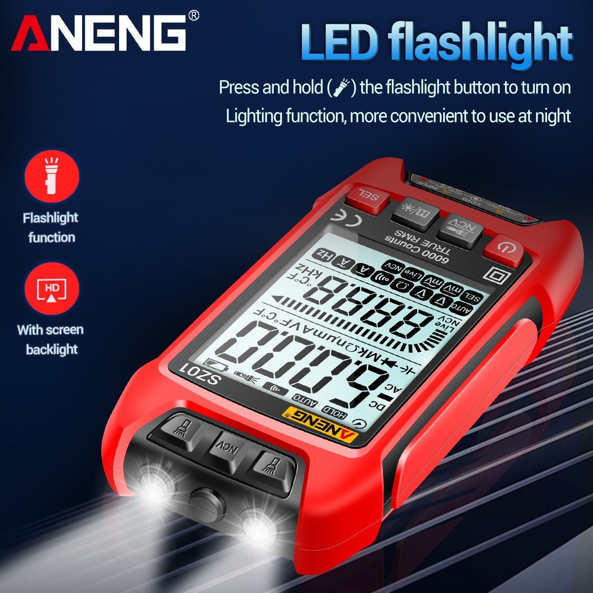 Smart Digital Multimeter 6000 Counts Auto Range True RMS NCV Universal Meter with Backlight Flashlight for AC/DC Voltage, Current & Resistance Measurement - ANENG SZ01