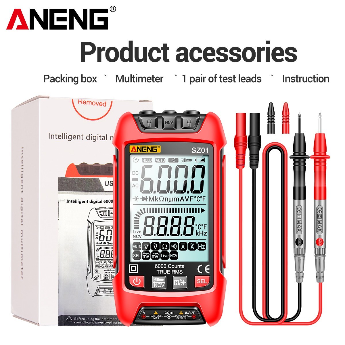 Smart Digital Multimeter 6000 Counts Auto Range True RMS NCV Universal Meter with Backlight Flashlight for AC/DC Voltage, Current & Resistance Measurement - ANENG SZ01