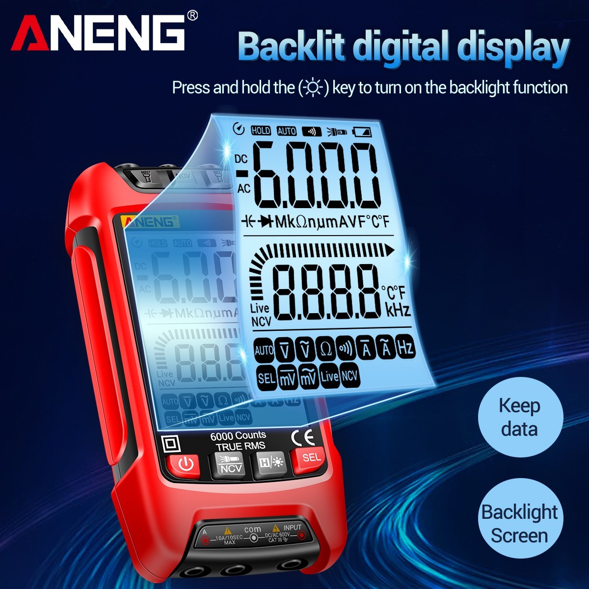 Smart Digital Multimeter 6000 Counts Auto Range True RMS NCV Universal Meter with Backlight Flashlight for AC/DC Voltage, Current & Resistance Measurement - ANENG SZ01