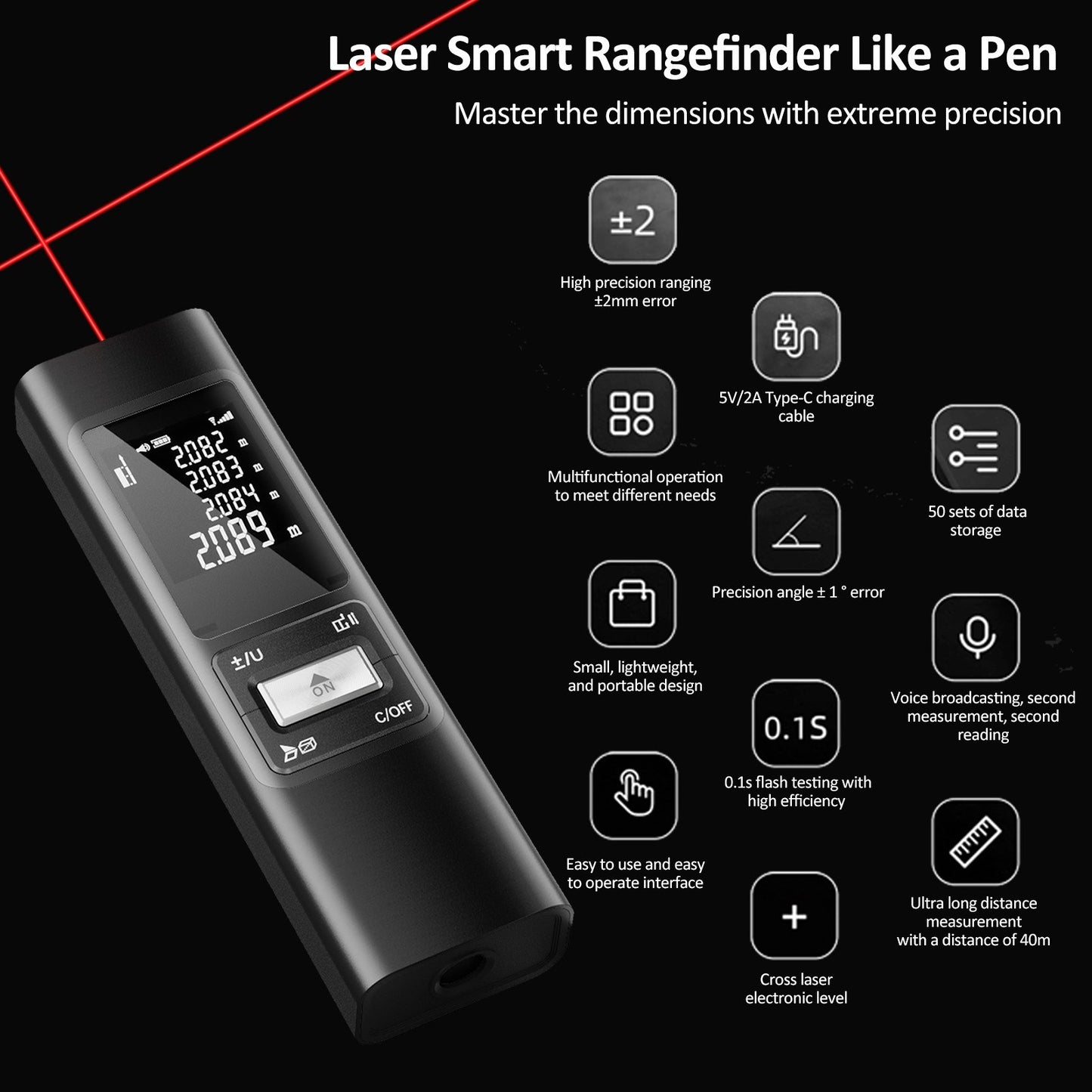 Rechargeable S40 Laser Distance Meter 40M, High Precision ±2mm Digital Rangefinder with Fast 0.1s Measurement, Aluminium Alloy Shell for Indoor Length, Area, Volume Measurement
