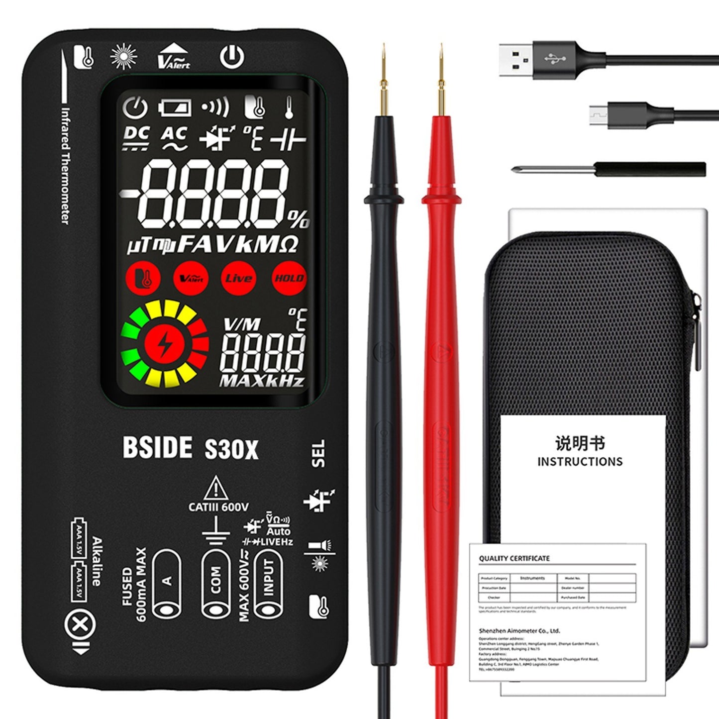 BSIDE Digital Multimeter with Infrared Thermometer and LCD Color Display
