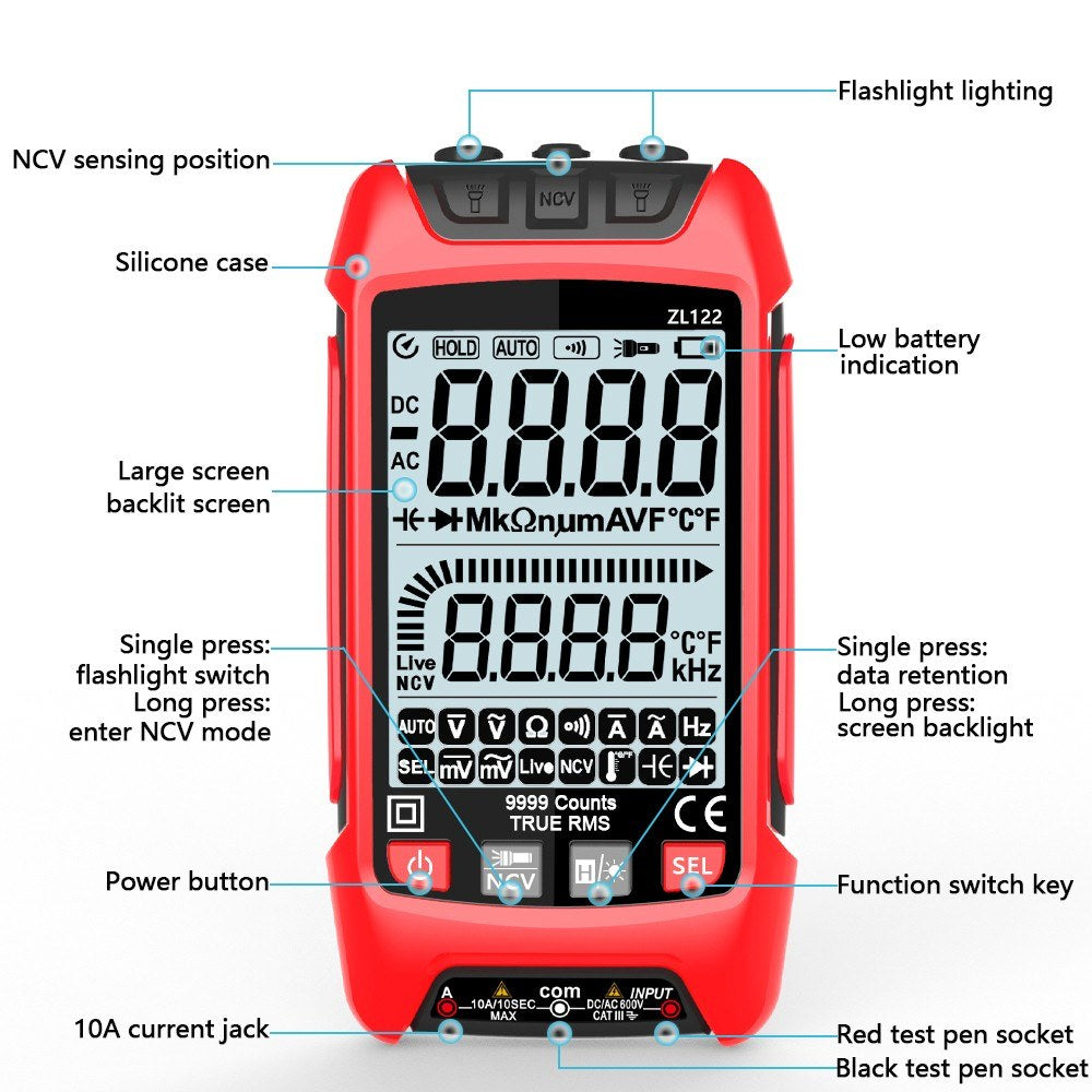 Professional True RMS Digital Multimeter with LCD Backlight - Voltage, Resistance, Frequency Tester