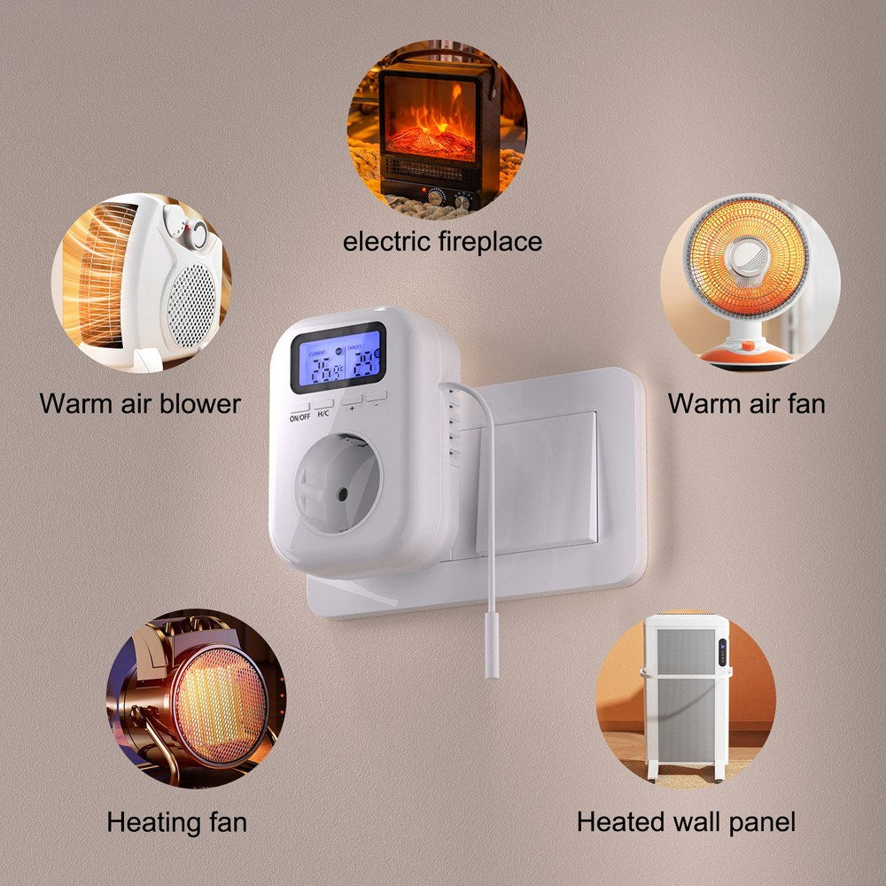Smart Household Socket with LCD Display and Blue Backlight - Adjustable Temperature Control for Electric Heaters and Refrigeration Appliances