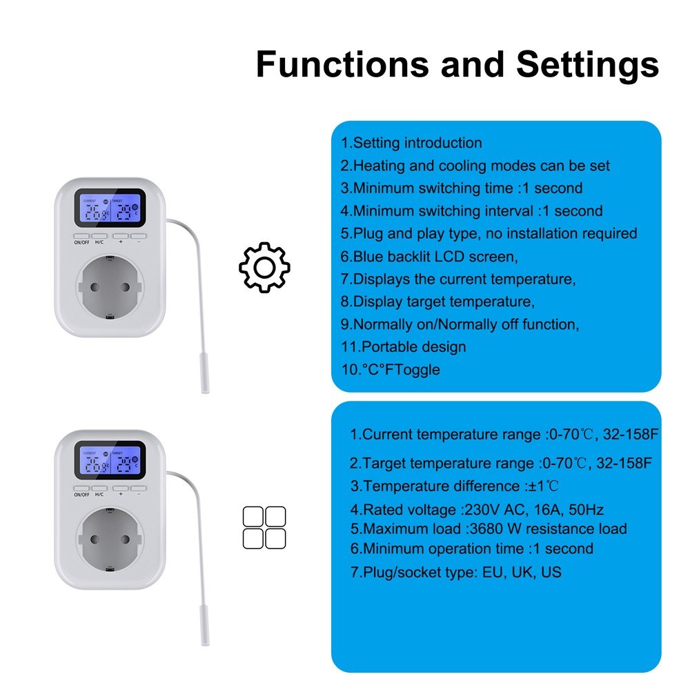 Smart Household Socket with LCD Display and Blue Backlight - Adjustable Temperature Control for Electric Heaters and Refrigeration Appliances