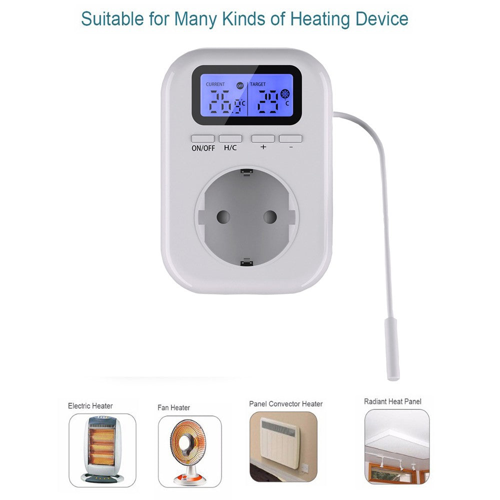 Smart Household Socket with LCD Display and Blue Backlight - Adjustable Temperature Control for Electric Heaters and Refrigeration Appliances