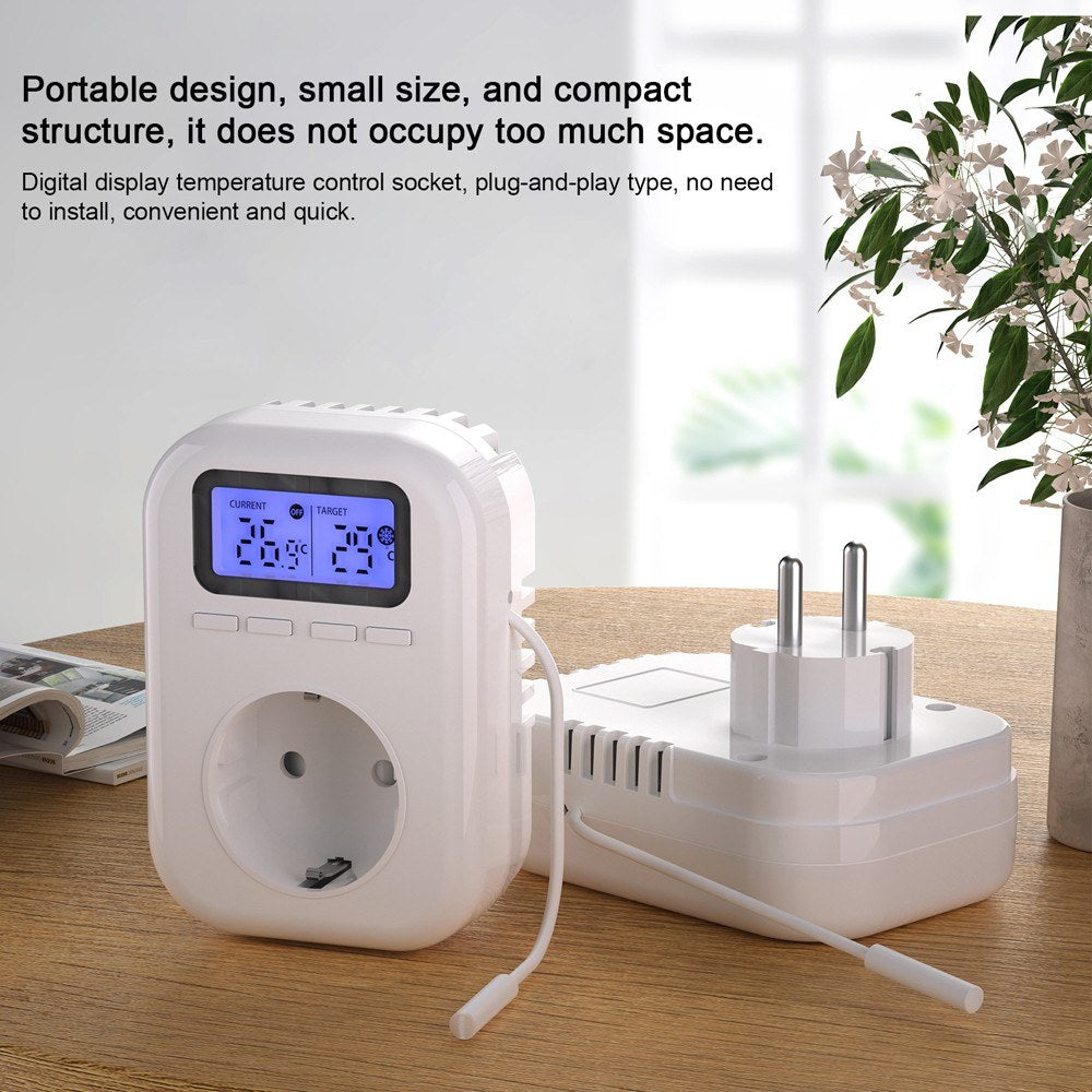 Smart Household Socket with LCD Display and Blue Backlight - Adjustable Temperature Control for Electric Heaters and Refrigeration Appliances