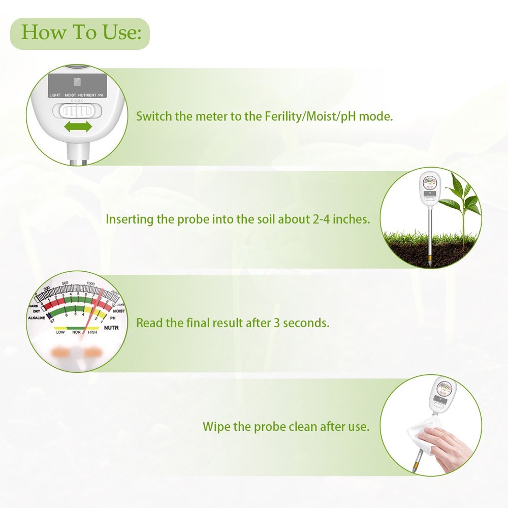 4-in-1 Soil Test Meter for Indoor Plants: PH, Light, Moisture & Nutrient Measuring Tool for Gardening