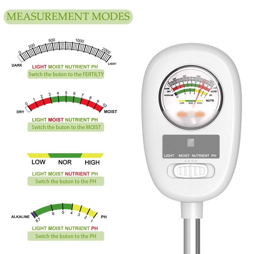 4-in-1 Soil Test Meter for Indoor Plants: PH, Light, Moisture & Nutrient Measuring Tool for Gardening