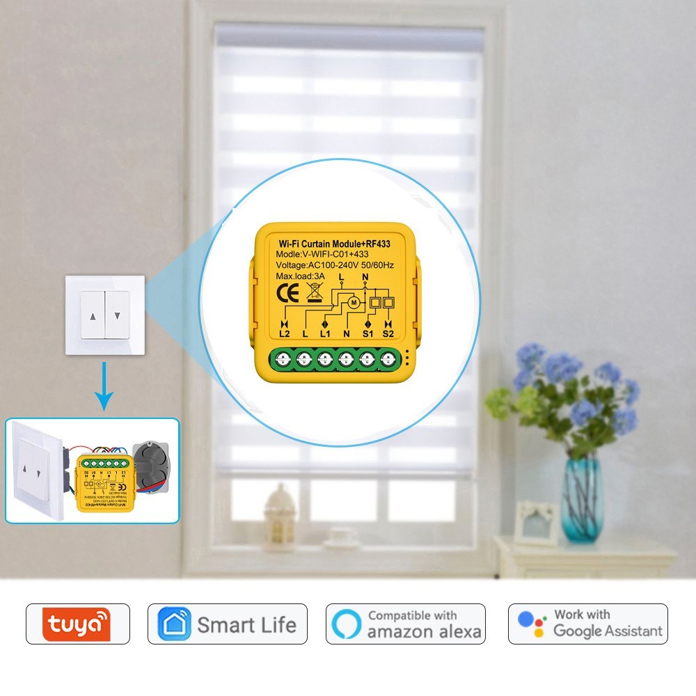 Tuya WiFi Smart Curtain Module: Motorized Roller Shutter Switch with APP & Voice Control Compatible with Alexa & Assistant
