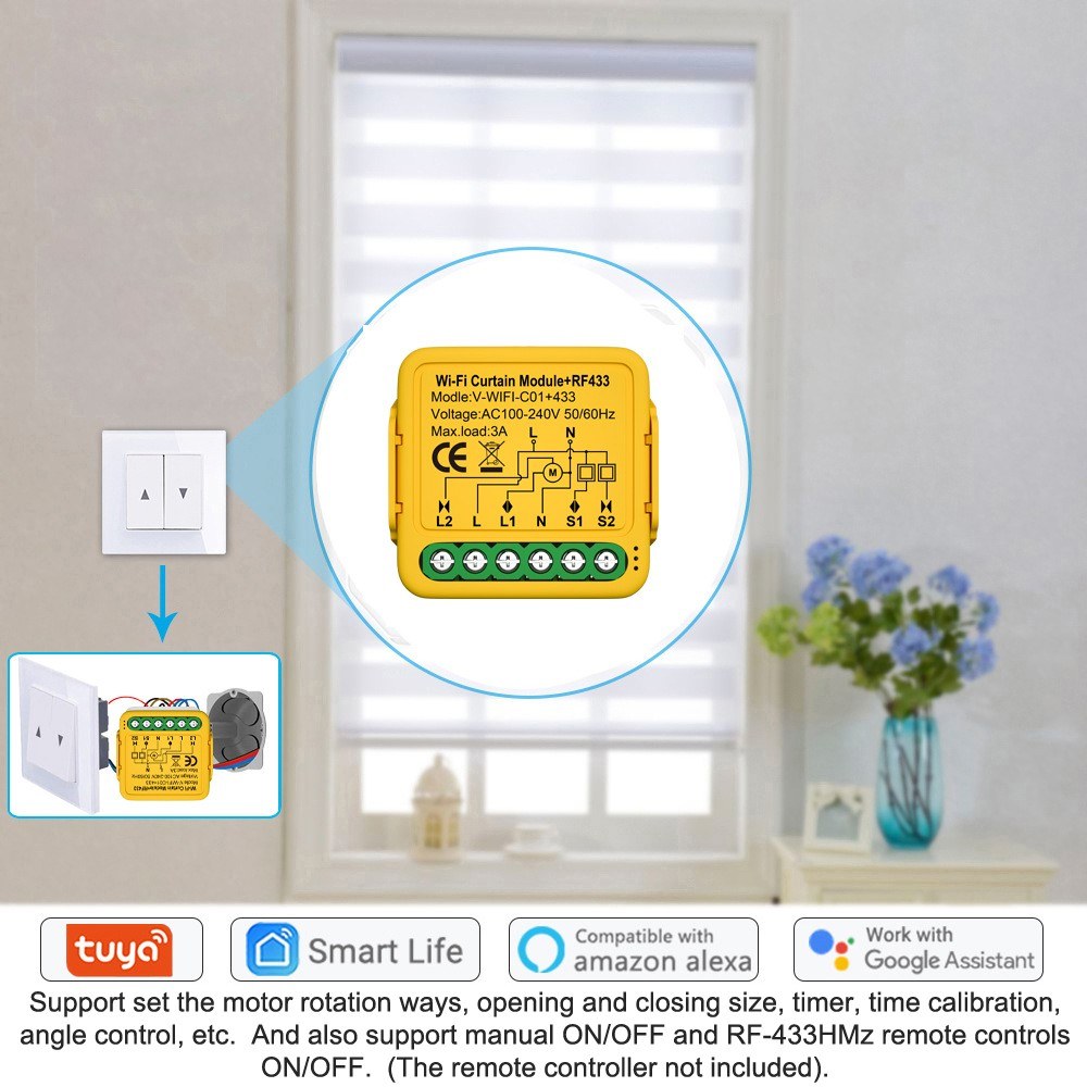 Tuya WiFi Smart Curtain Module: Motorized Roller Shutter Switch with APP & Voice Control Compatible with Alexa & Assistant