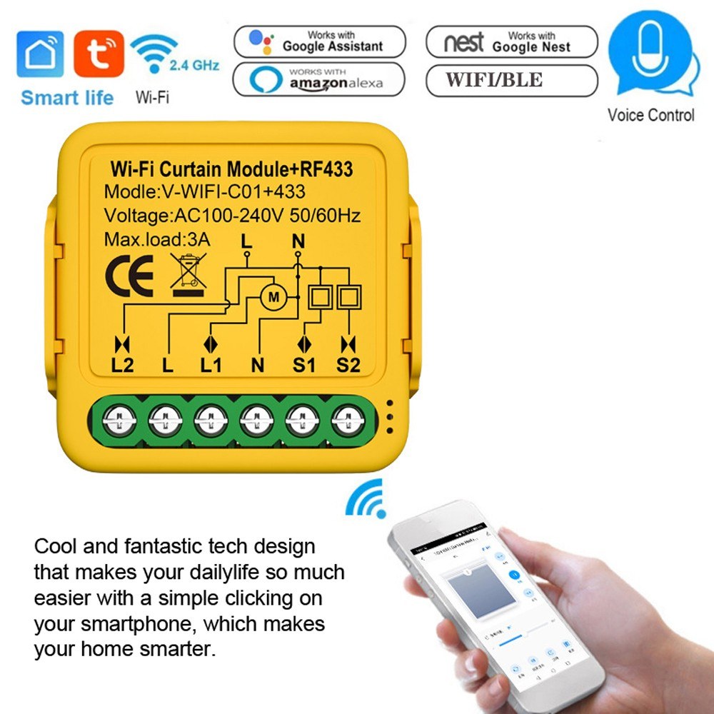 Tuya WiFi Smart Curtain Module: Motorized Roller Shutter Switch with APP & Voice Control Compatible with Alexa & Assistant