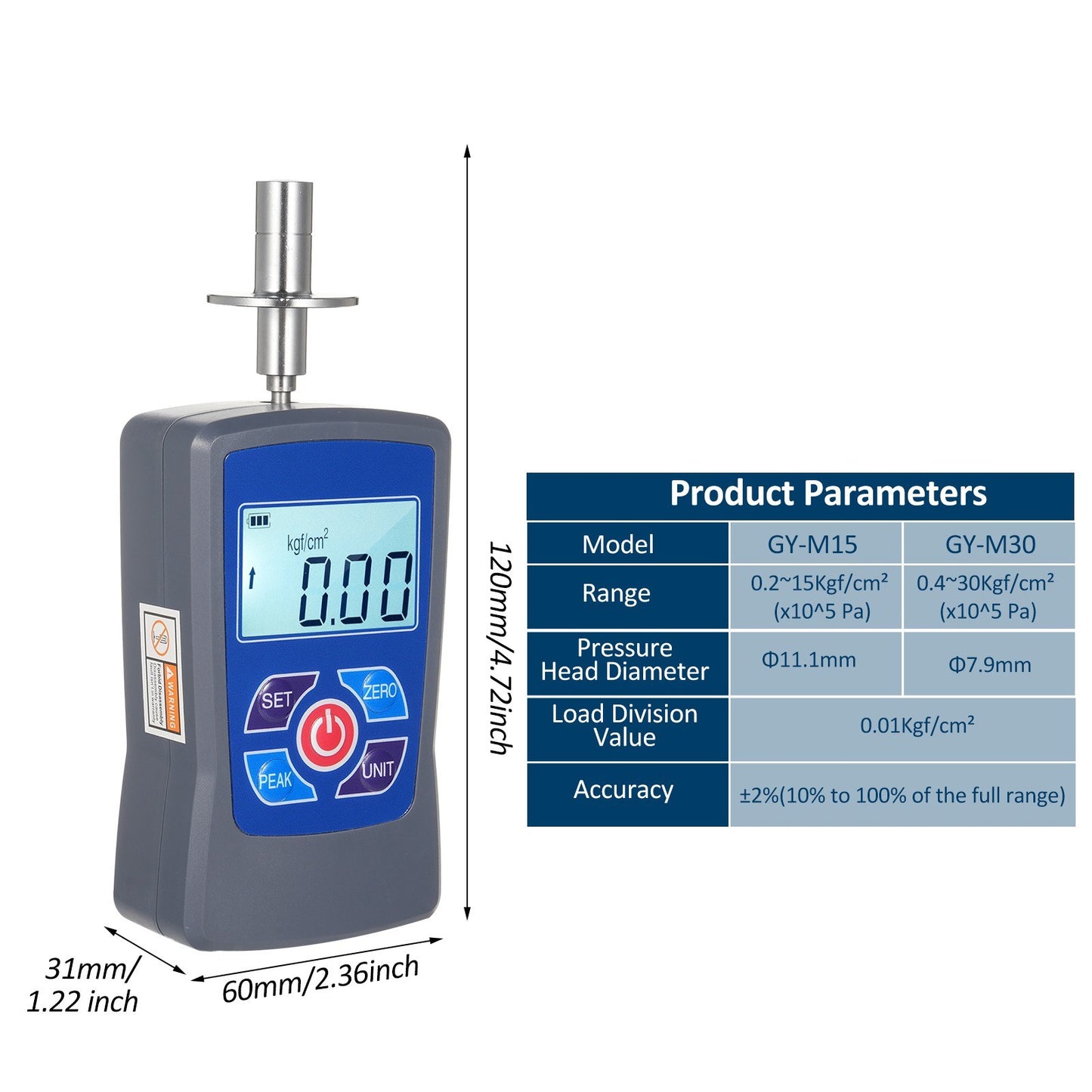 Digital Fruit Hardness Tester GY-M15 - Mini Penetrometer with 0.2-15 Kgf/cm² Range, 0.01 Kgf/cm² Load Division, Φ11.1mm Pressure Head
