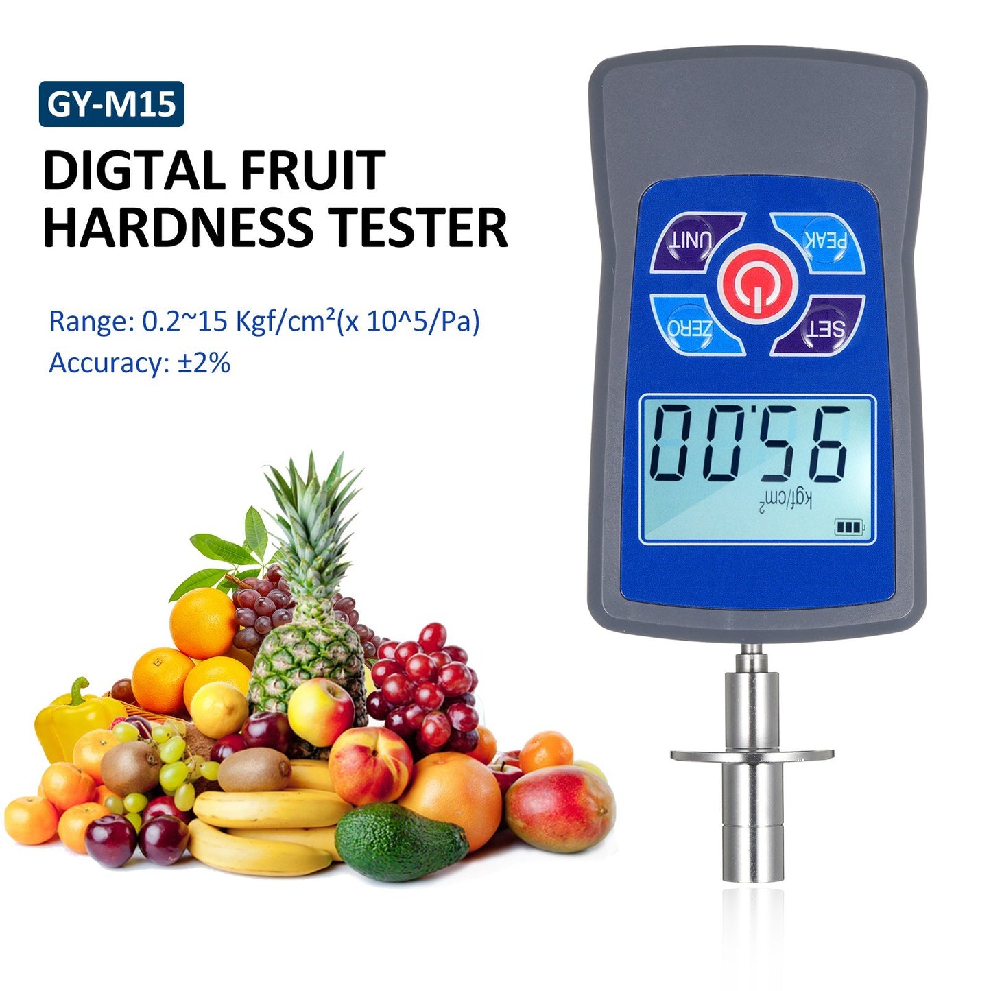 Digital Fruit Hardness Tester GY-M15 - Mini Penetrometer with 0.2-15 Kgf/cm² Range, 0.01 Kgf/cm² Load Division, Φ11.1mm Pressure Head