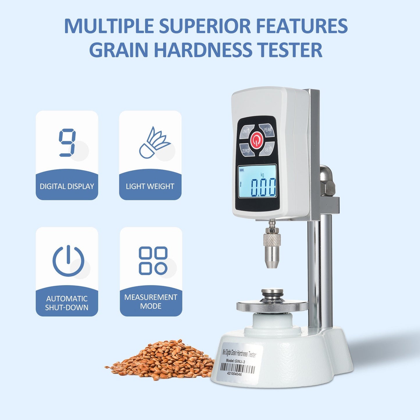 Digital Grain Hardness Tester GWJ-3: Mini Durometer for Seed, Fodder, Paddy, Rice, Cereal