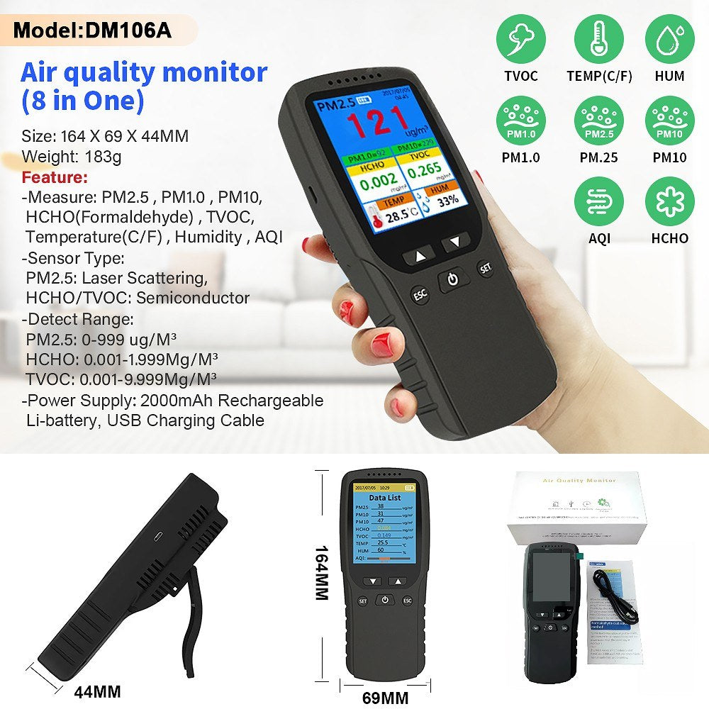 Portable Indoor Air Quality Monitor: PM2.5 Detector & Multifunctional LCD Thermohygrometer