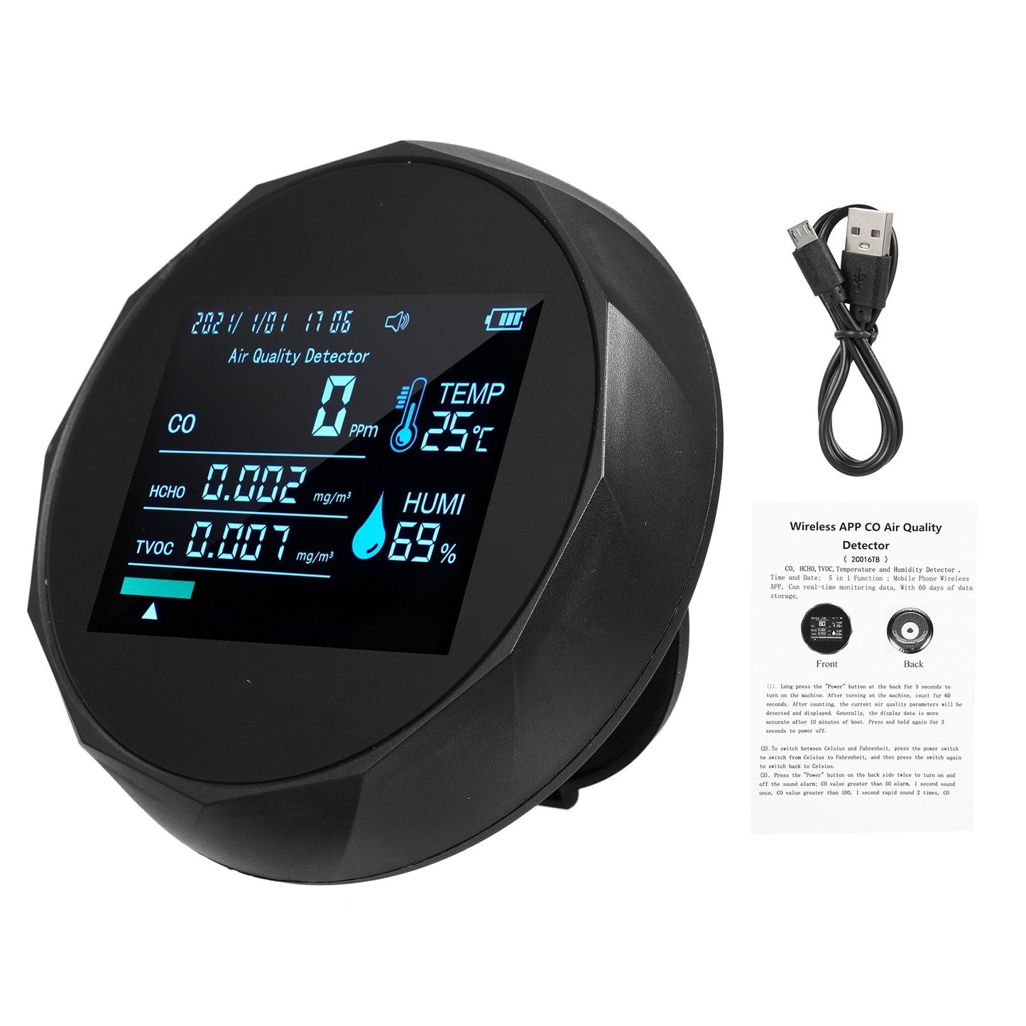 2CO16TB 6-in-1 Portable Air Quality Monitor: Formaldehyde Detector & Analyzer for CO, TVOC, HCHO, Humidity & Temperature