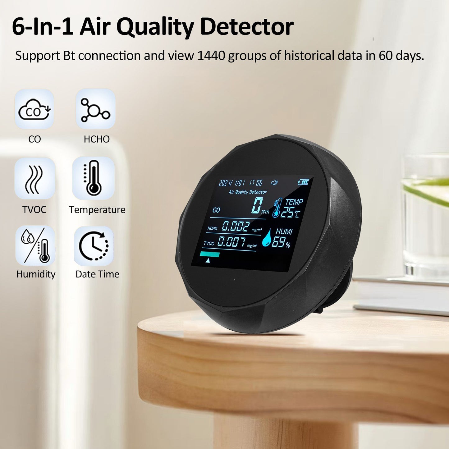 2CO16TB 6-in-1 Portable Air Quality Monitor: Formaldehyde Detector & Analyzer for CO, TVOC, HCHO, Humidity & Temperature