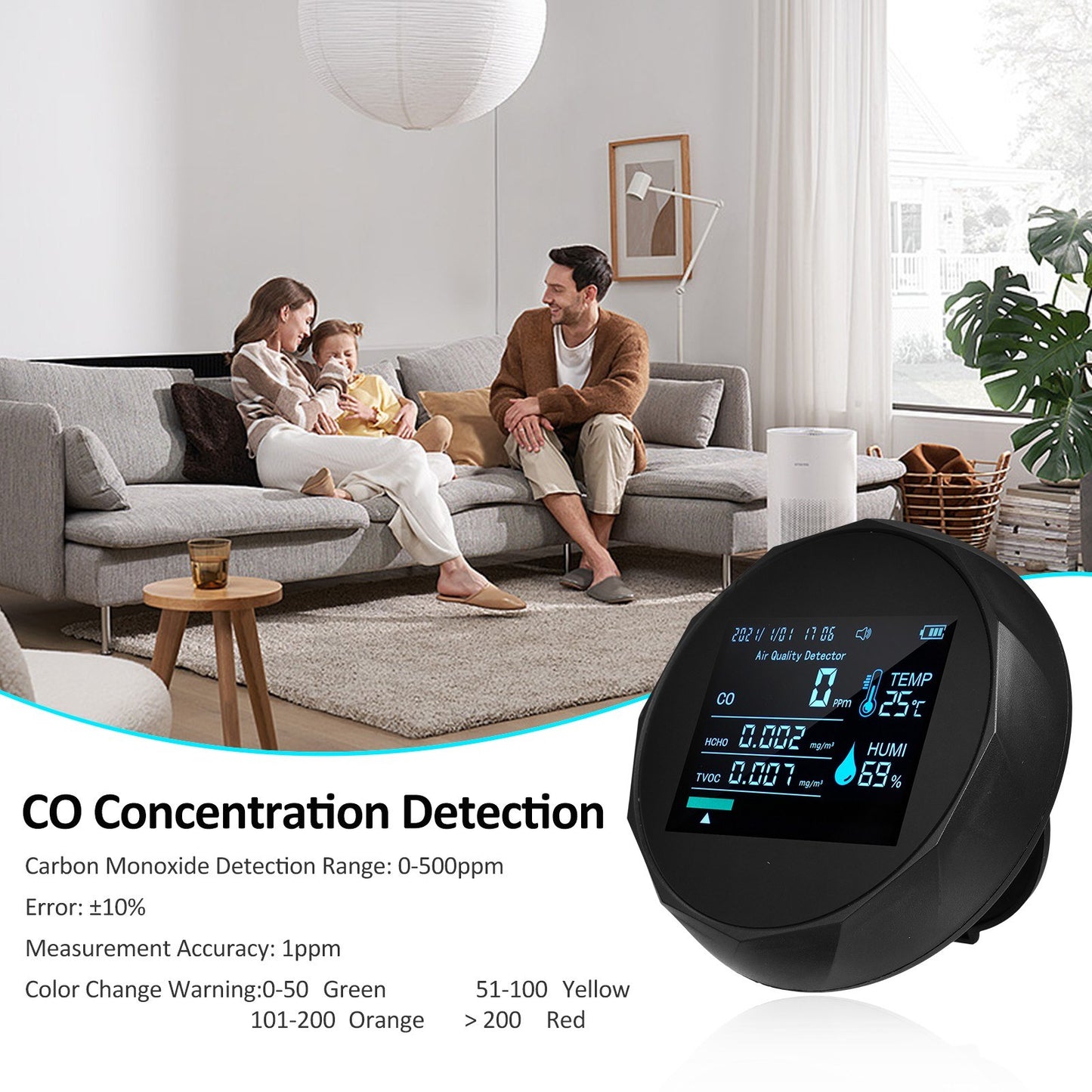 2CO16TB 6-in-1 Portable Air Quality Monitor: Formaldehyde Detector & Analyzer for CO, TVOC, HCHO, Humidity & Temperature
