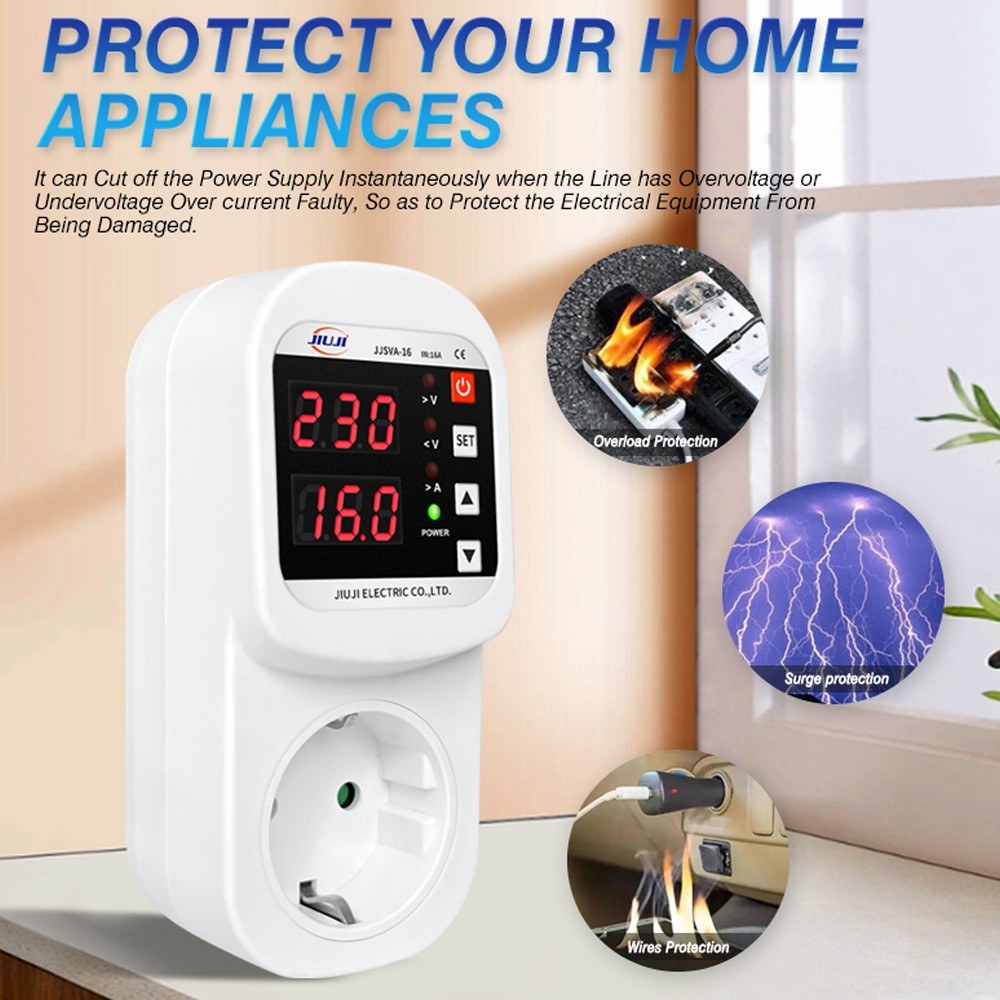 Multifunctional LED Display Voltage & Current Protector Socket with Auto Reset for Refrigerators