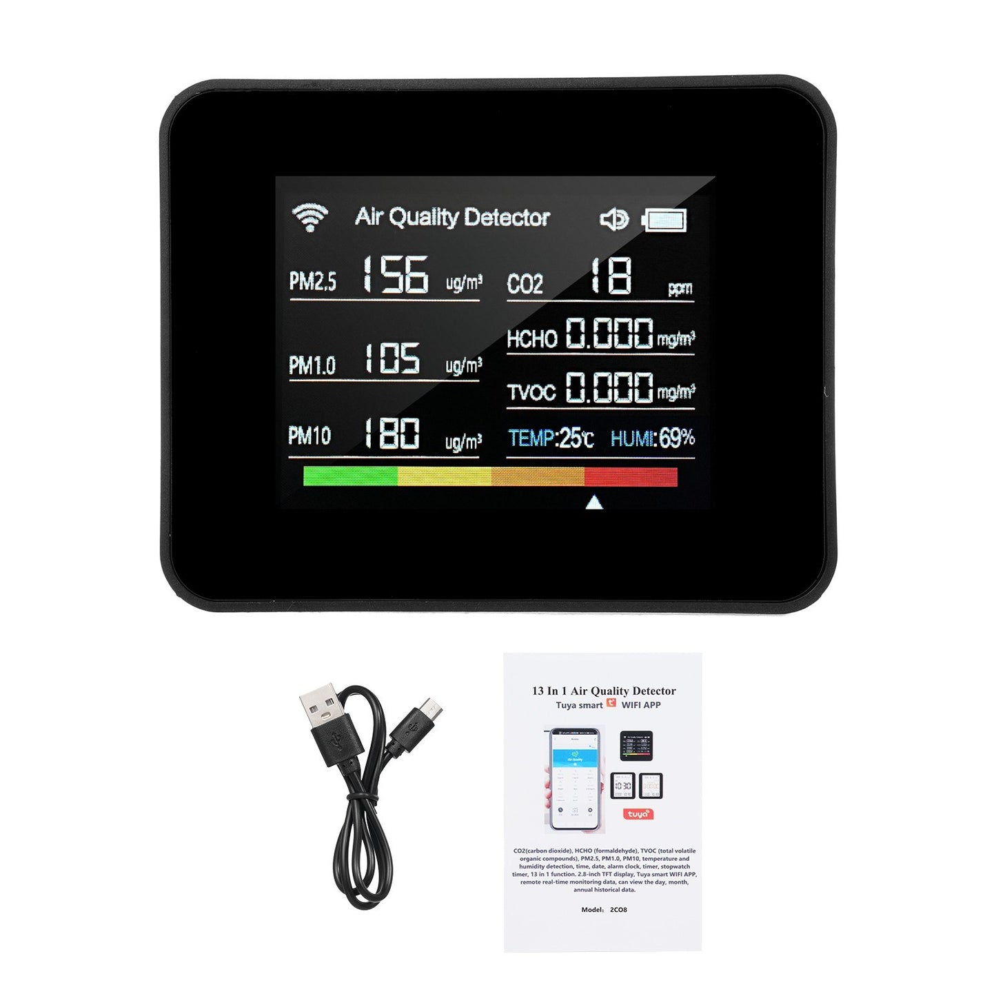 Tuya 13-in-1 WiFi Indoor Air Quality Monitor: CO₂, TVOC, HCHO, PM2.5, PM1.0, PM10, Humidity & Temperature Detector with Alarm & Timer for Home, Office, School, Hotel