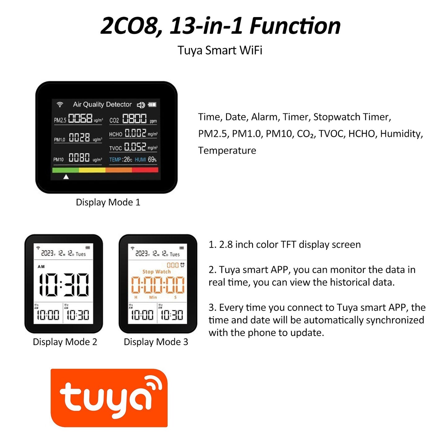 Tuya 13-in-1 WiFi Indoor Air Quality Monitor: CO₂, TVOC, HCHO, PM2.5, PM1.0, PM10, Humidity & Temperature Detector with Alarm & Timer for Home, Office, School, Hotel